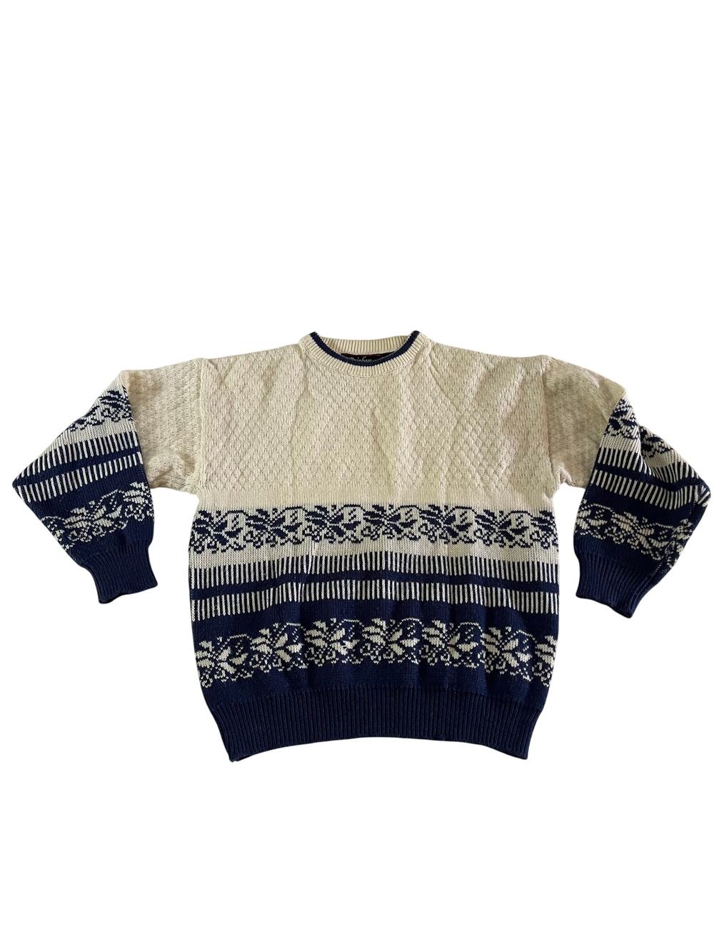 Vtg Y2K 2000s White Blue Nordic Fair Isle Winter Print Pullover Sweater Sz S/M